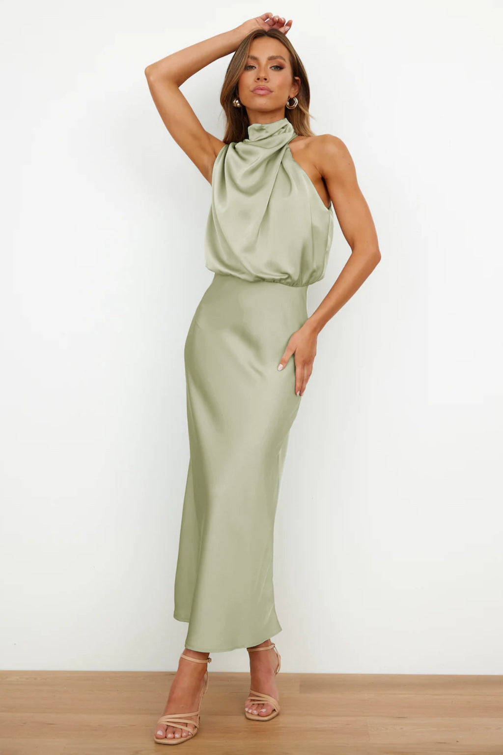Ayra | Dames satijnen halternek midi-jurk – mouwloze elegante bodycon avond- en feestjurk