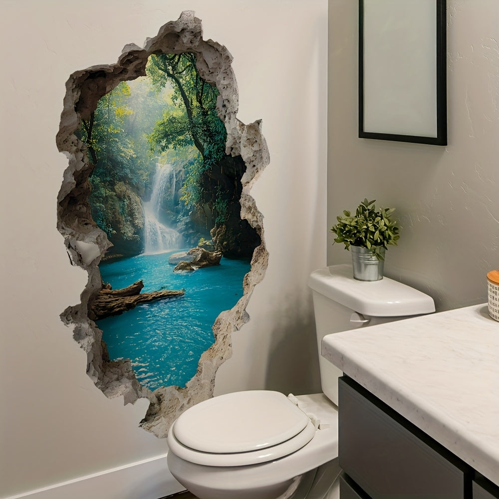 AquaVista | 3D Waterval Bos Muursticker – Waterdichte Badkamer Decal, Zelfklevende Natuur Muurdecoratie