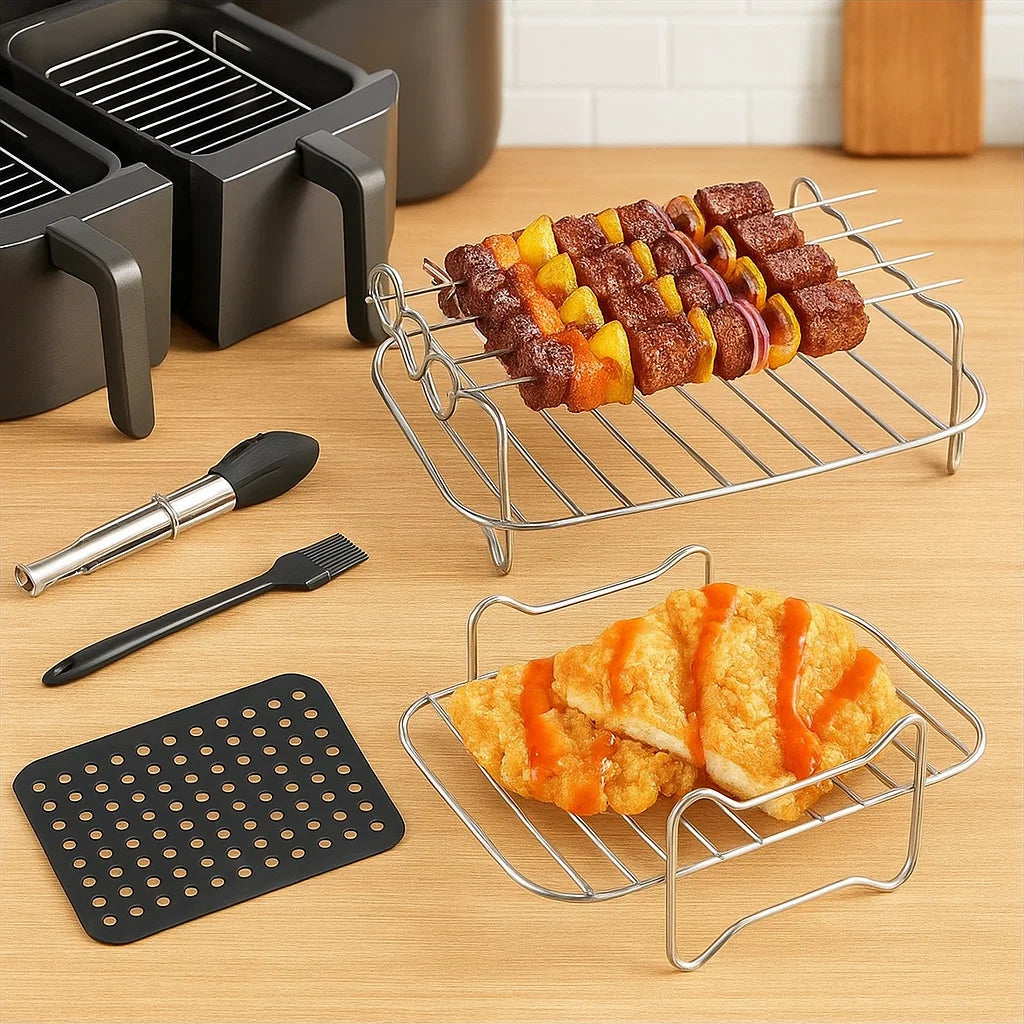 FryForge | Pro Air Fryer-gereedschapsset – BBQ-spietsysteem & hittebestendige stalen kookstandaard