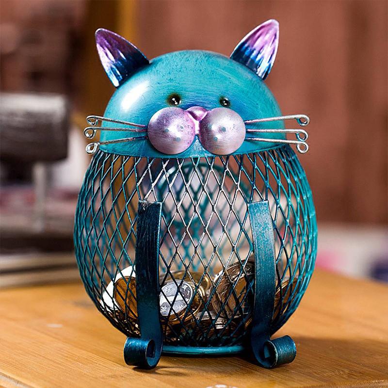PurrBank | Blauwe Kitty Spaarpot – Artistieke Spaarpot van IJzer, Verzilverd voor Muntenopslag