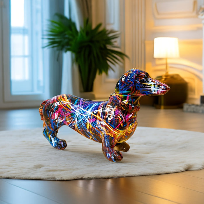 HueHound | Kleurrijk Teckelbeeldje - Speels Huisdecor, Uniek Decoratief Beeldje
