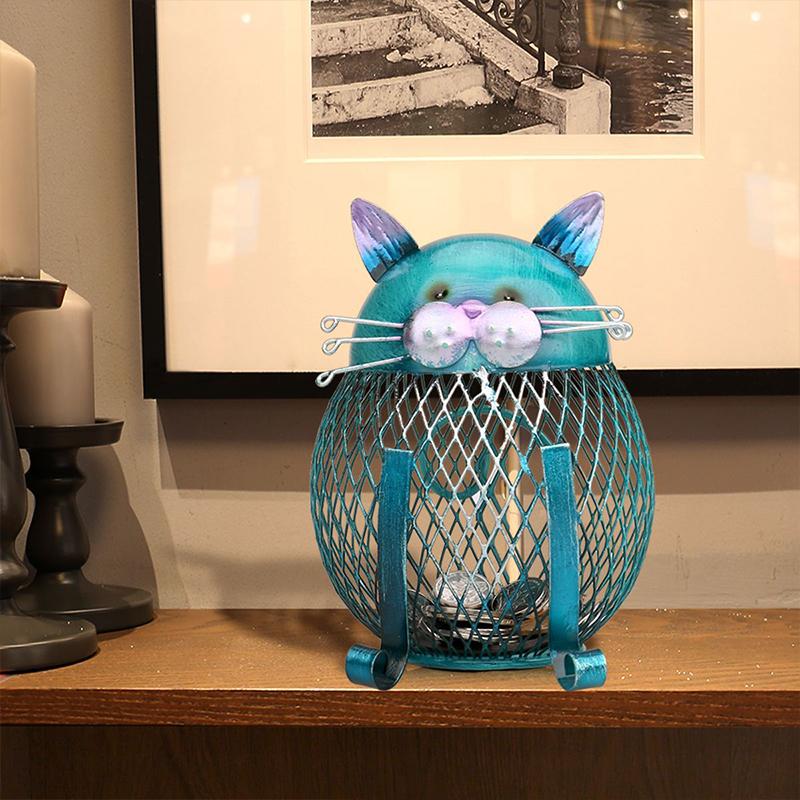 PurrBank | Blauwe Kitty Spaarpot – Artistieke Spaarpot van IJzer, Verzilverd voor Muntenopslag