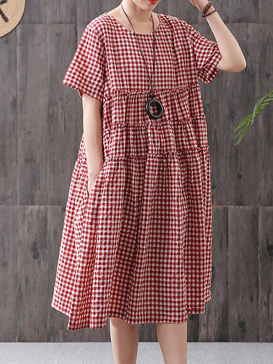 Mirielle | Dames Midi-jurk met korte mouwen en geruit patroon, casual losse zomerjurk