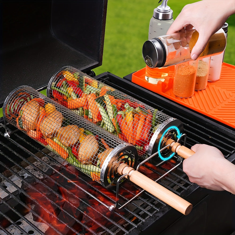 BBQSpin | RVS Grillmanden 2 stuks – Afneembare Houten Handgrepen, Rooster voor Groenten