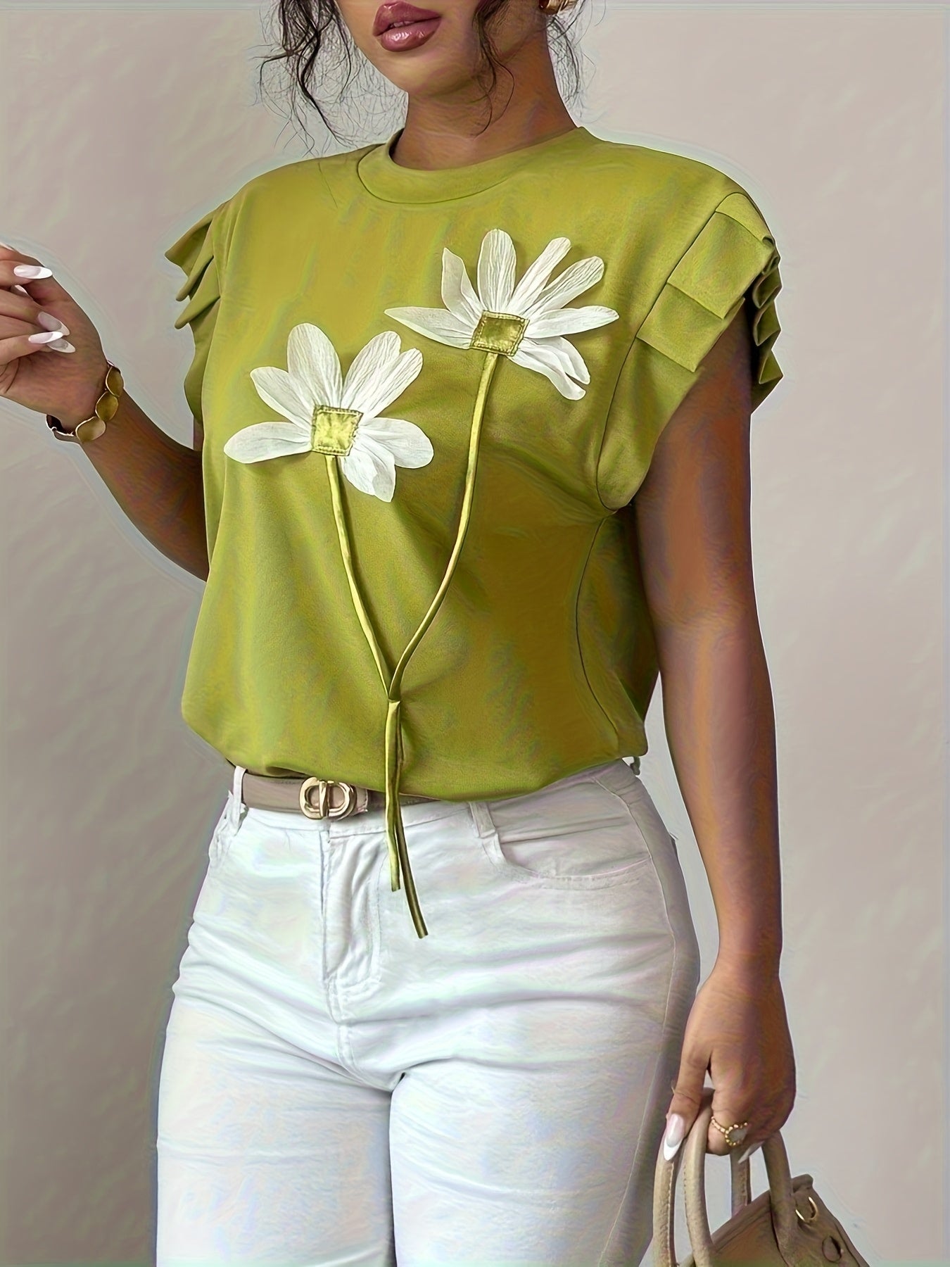 Selindra | 3D Bloemen T-shirt – Kleurblok Casual Top, Mouwloos, Comfortabel Everyday Tee