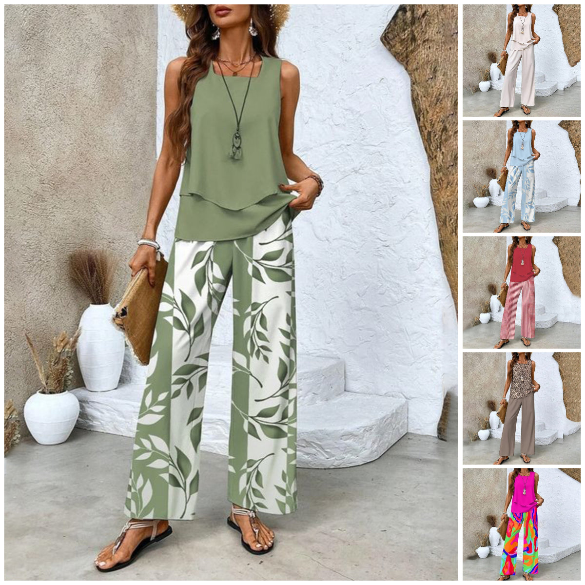 Zevarina | Dames 2-Delige Casual Set – Mouwloze Top & Bedrukte Broeken Matching Set