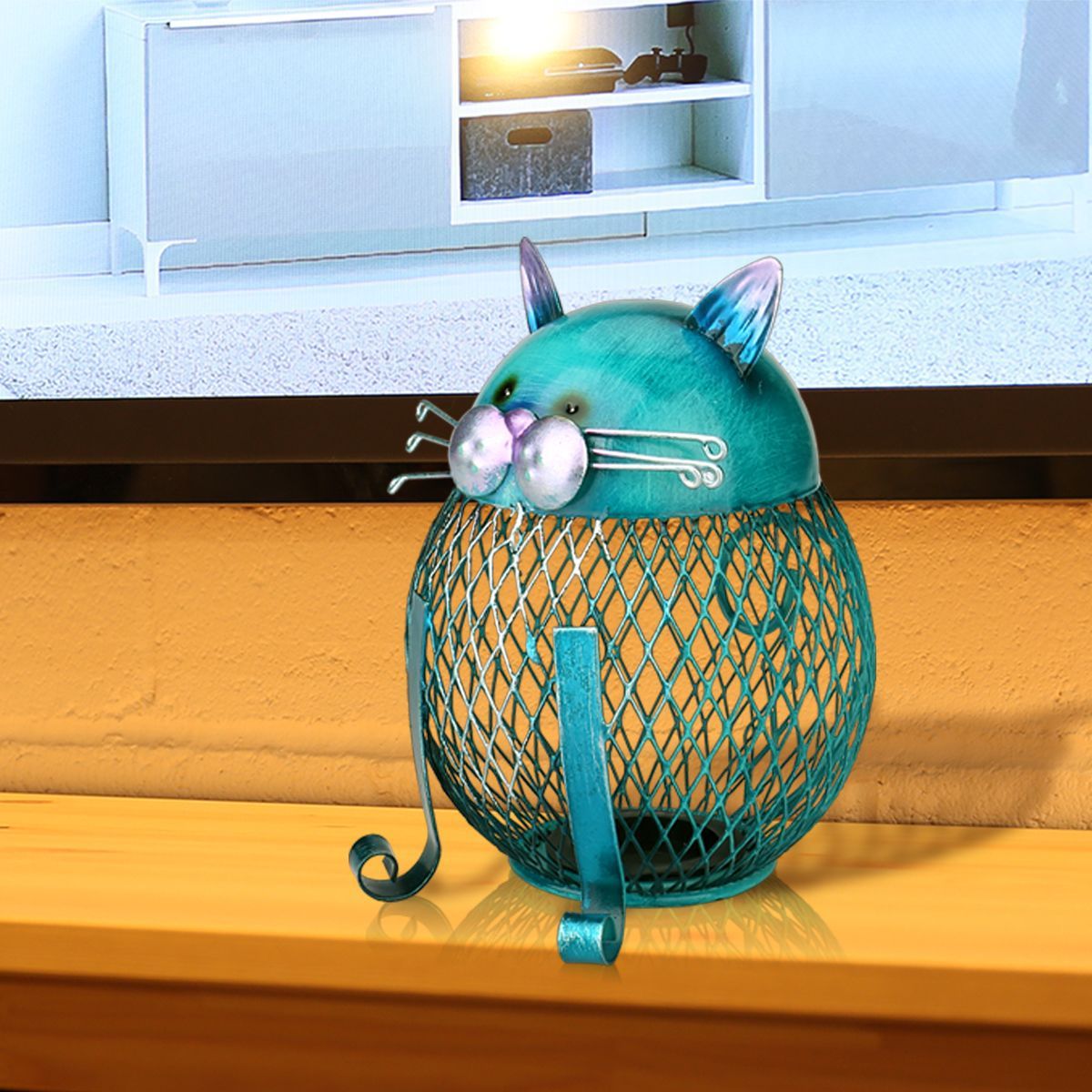 PurrBank | Blauwe Kitty Spaarpot – Artistieke Spaarpot van IJzer, Verzilverd voor Muntenopslag