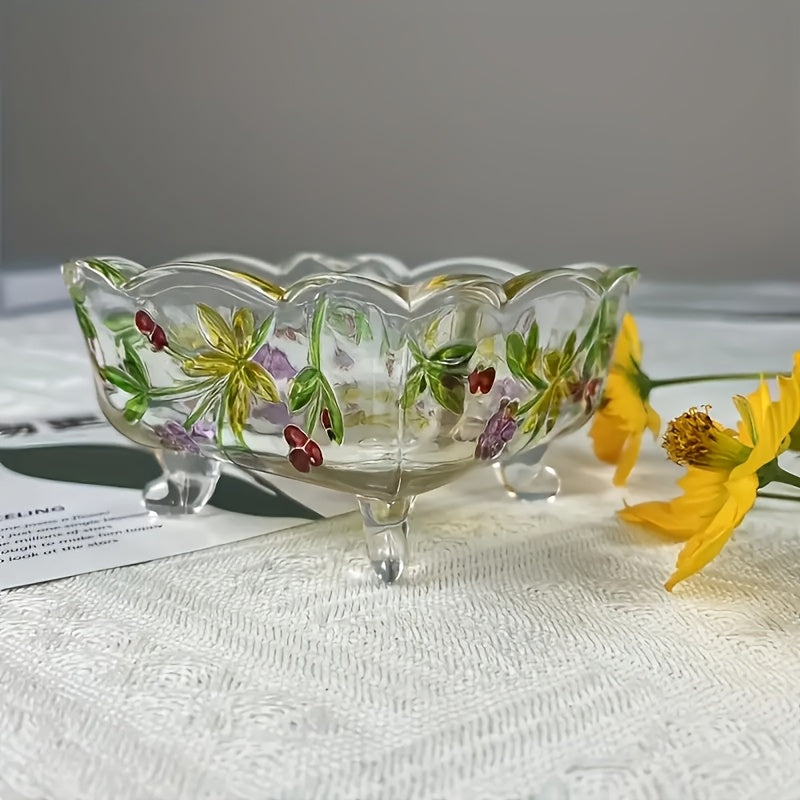 FloraBowl | Handgemaakte Vintage Glazen Snoepkom – Bloemmotief, Decoratief Voorjaarsbakje