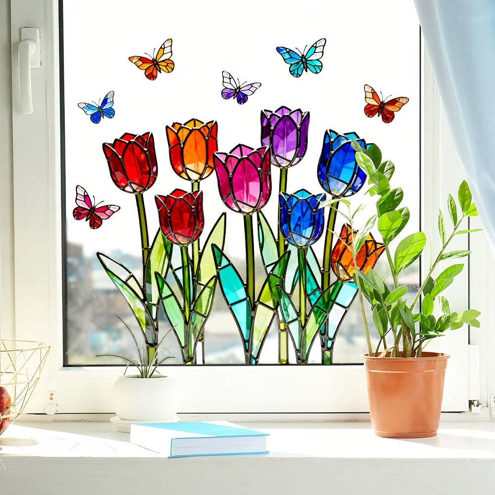 TulipFlutter | kleurrijke tulpen-vlinder raamsticker – dubbelzijdig glas-in-lood effect