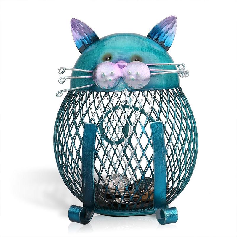 PurrBank | Blauwe Kitty Spaarpot – Artistieke Spaarpot van IJzer, Verzilverd voor Muntenopslag