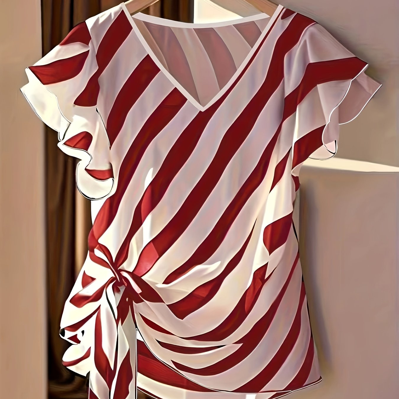 Saelyn | Gestreepte damestop met V-hals – Blouse met strik in de taille