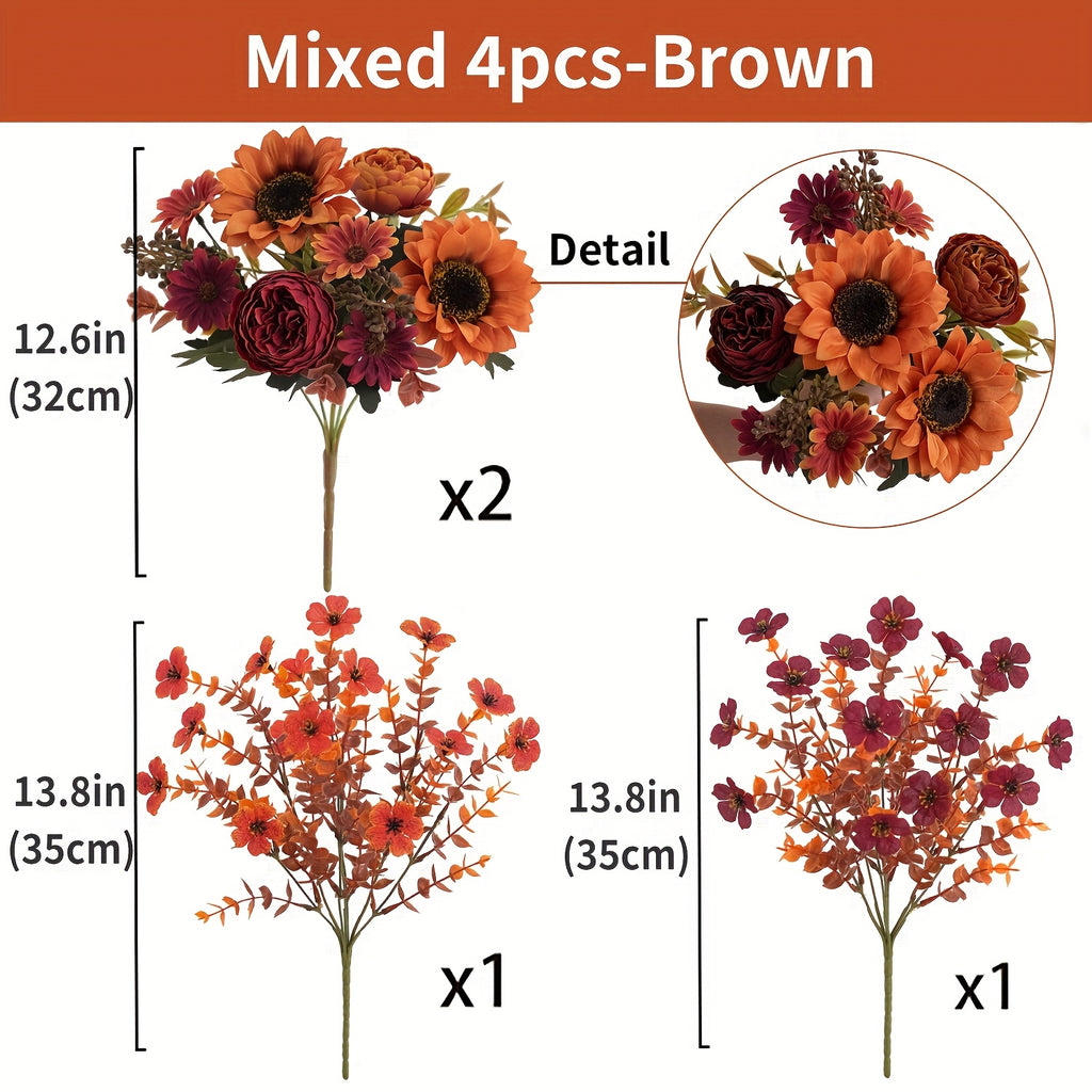 AutumnBloom | 4 stuks kunstbloemenarrangement voor de herfst – boeket met zonnebloemen, pioenrozen en madeliefjes