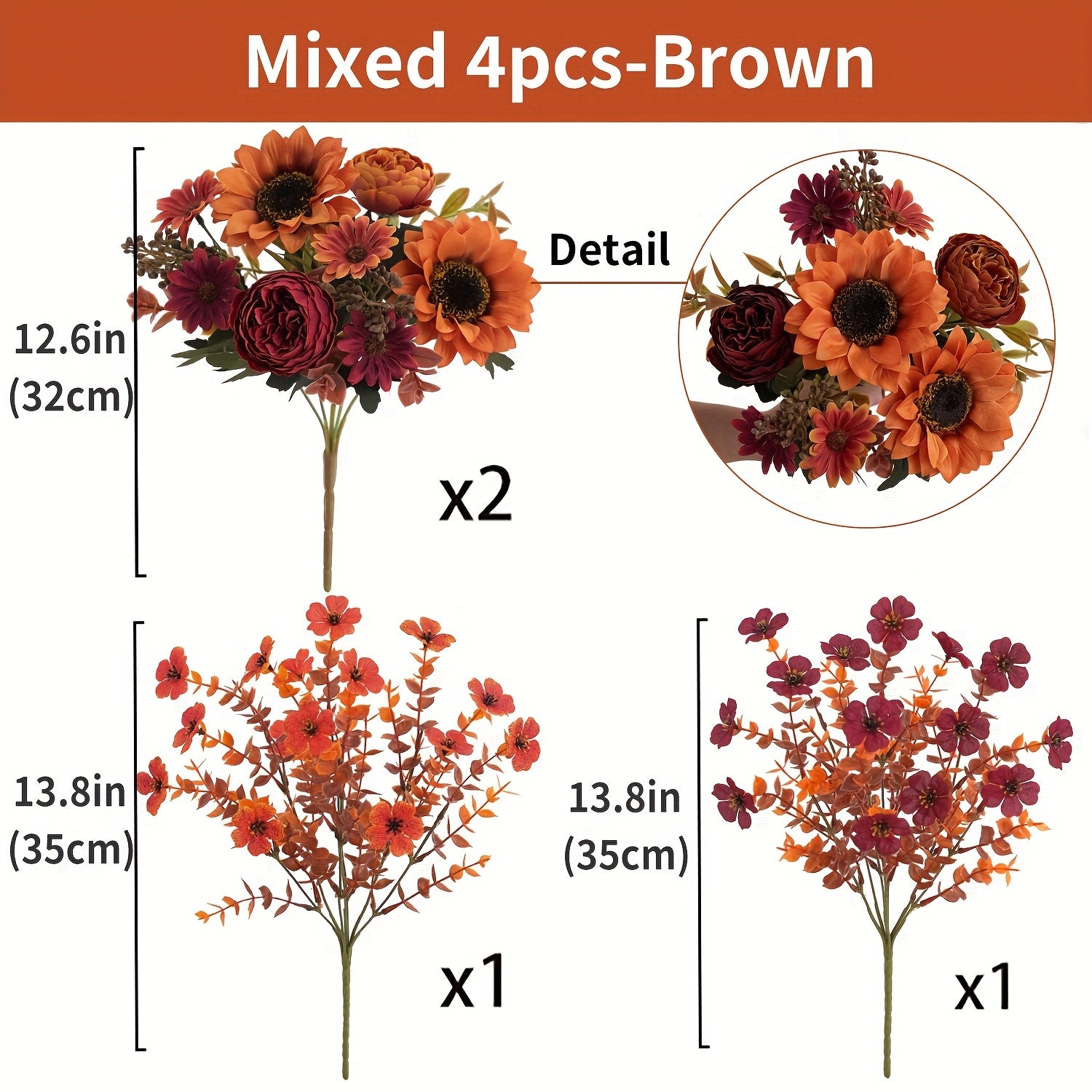 AutumnBloom | 4 stuks kunstbloemenarrangement voor de herfst – boeket met zonnebloemen, pioenrozen en madeliefjes