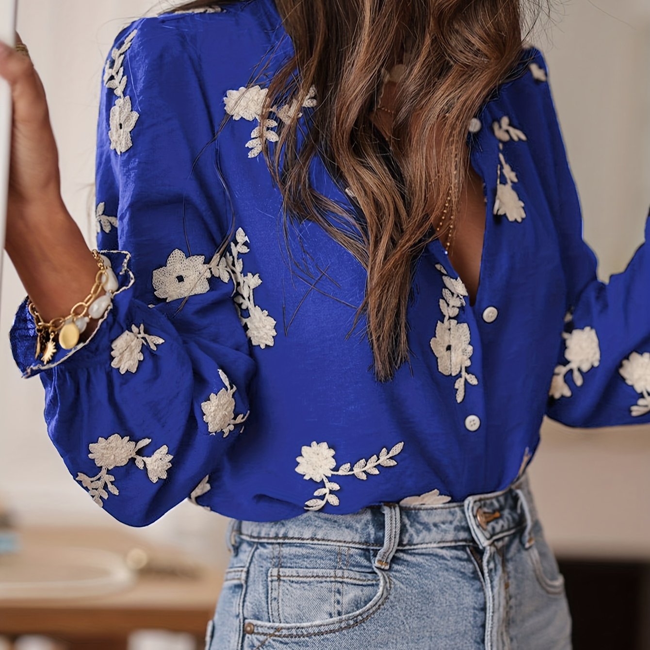Omelia | Dames casual blouse met lange mouwen, bloemenborduursel, knopen aan de voorkant