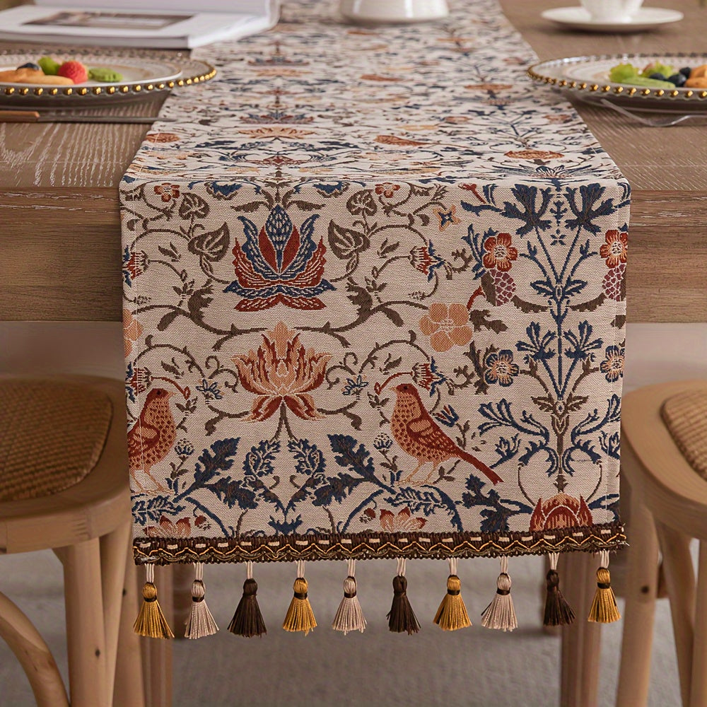 FloralVista | Vintage tafelloper met kwastjes - rustiek landelijk decoratief tafelkleed