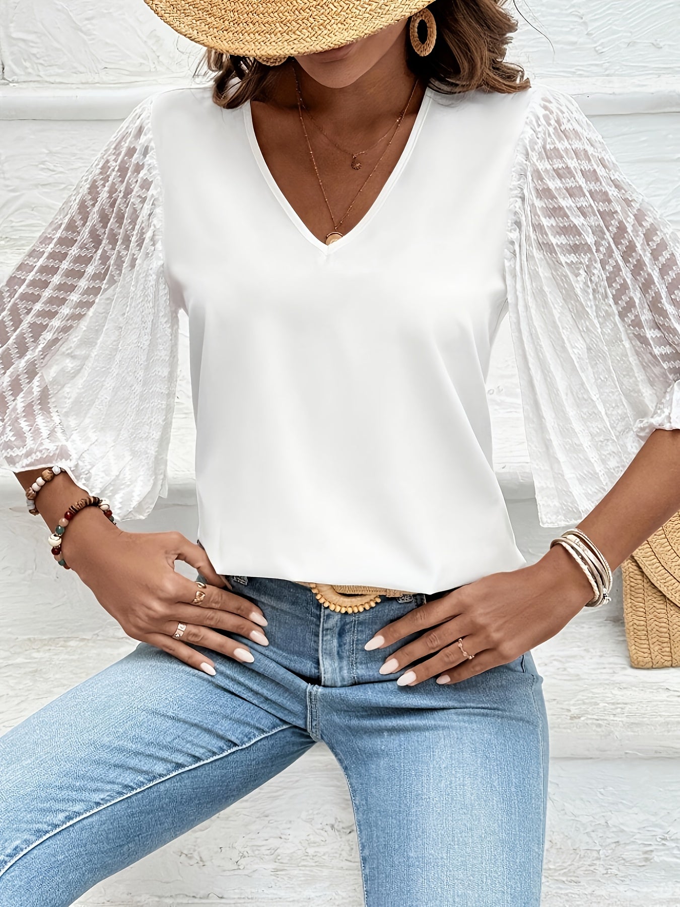 Mirelina | Damesblouse met lange mouwen – V-hals met relaxte pasvorm voor dagelijks gebruik