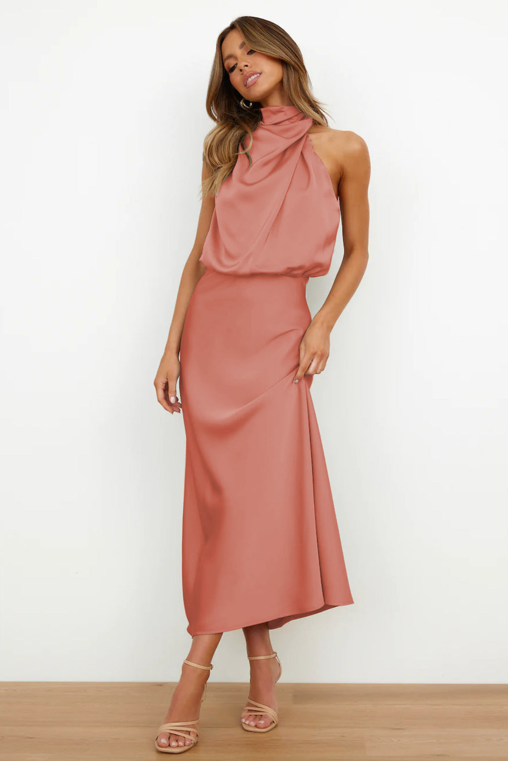 Ayra | Dames satijnen halternek midi-jurk – mouwloze elegante bodycon avond- en feestjurk