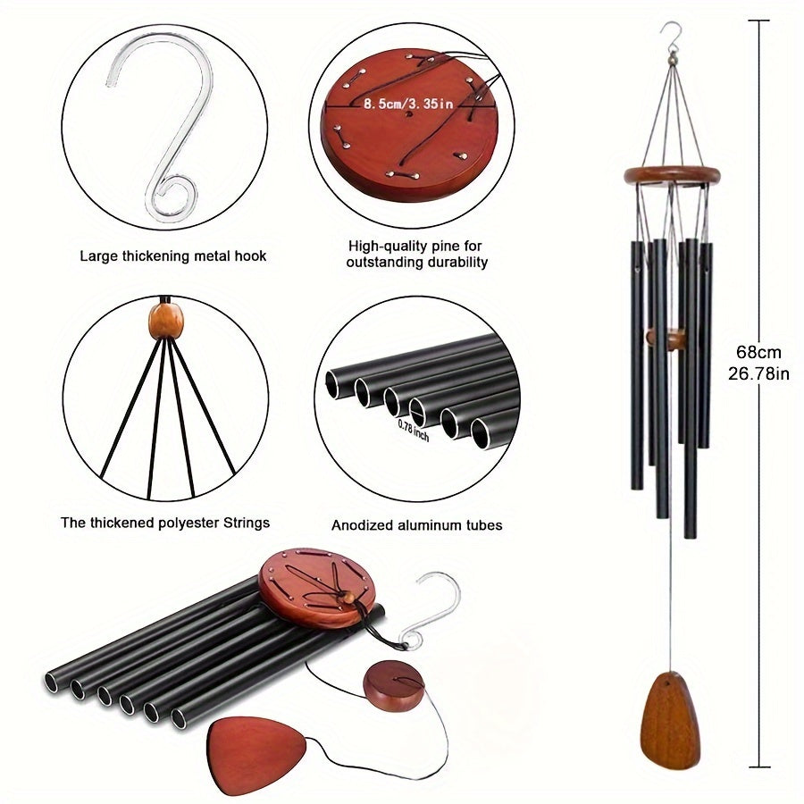 SteelWhisper | Klassieke Zwarte Aluminium Windgong - 6 Metalen Buizen, Elegante Tuin & Patio Hangende Decoratie