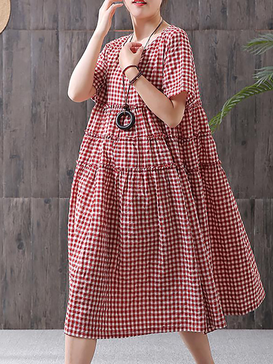 Mirielle | Dames Midi-jurk met korte mouwen en geruit patroon, casual losse zomerjurk
