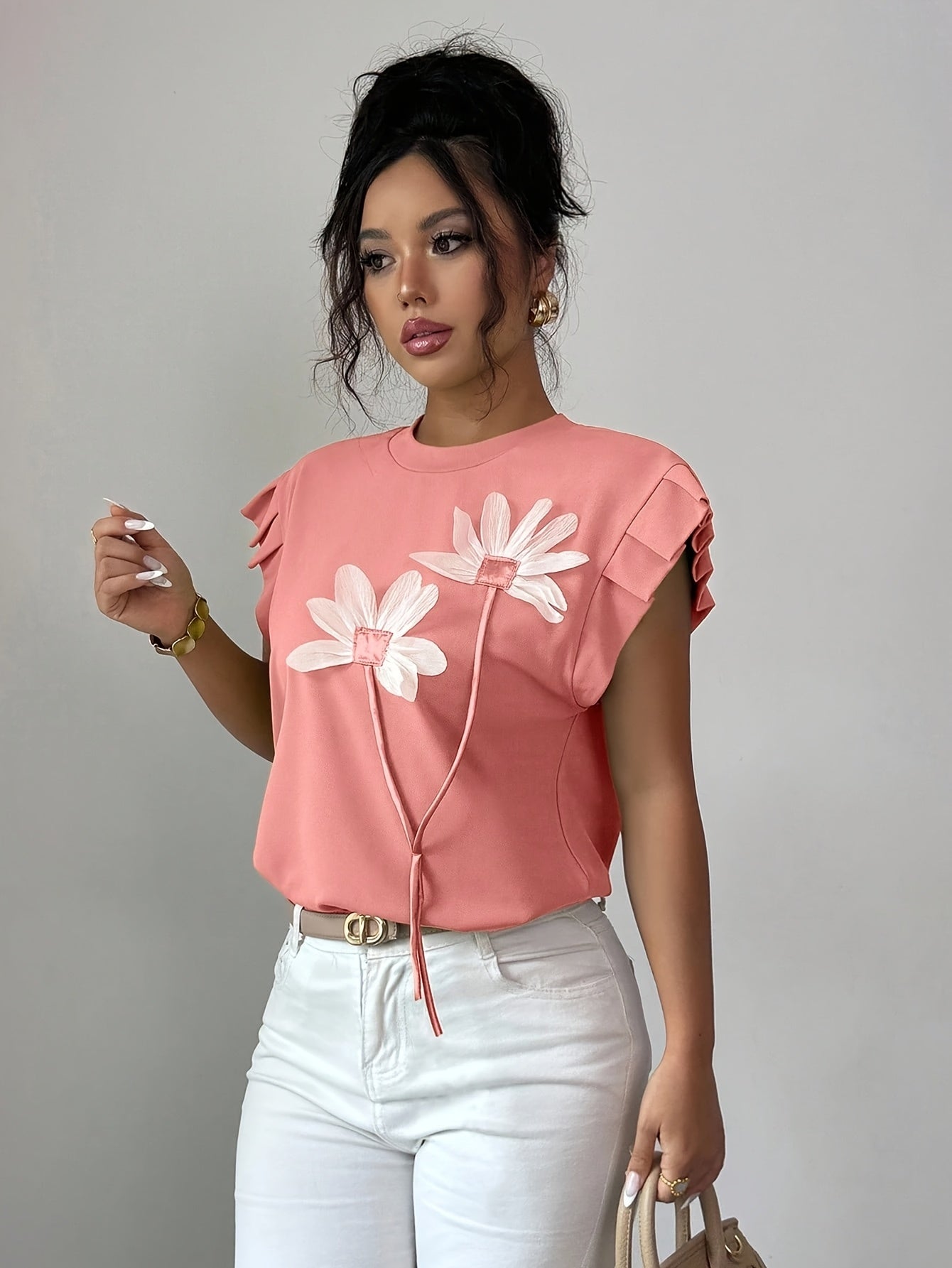 Selindra | 3D Bloemen T-shirt – Kleurblok Casual Top, Mouwloos, Comfortabel Everyday Tee