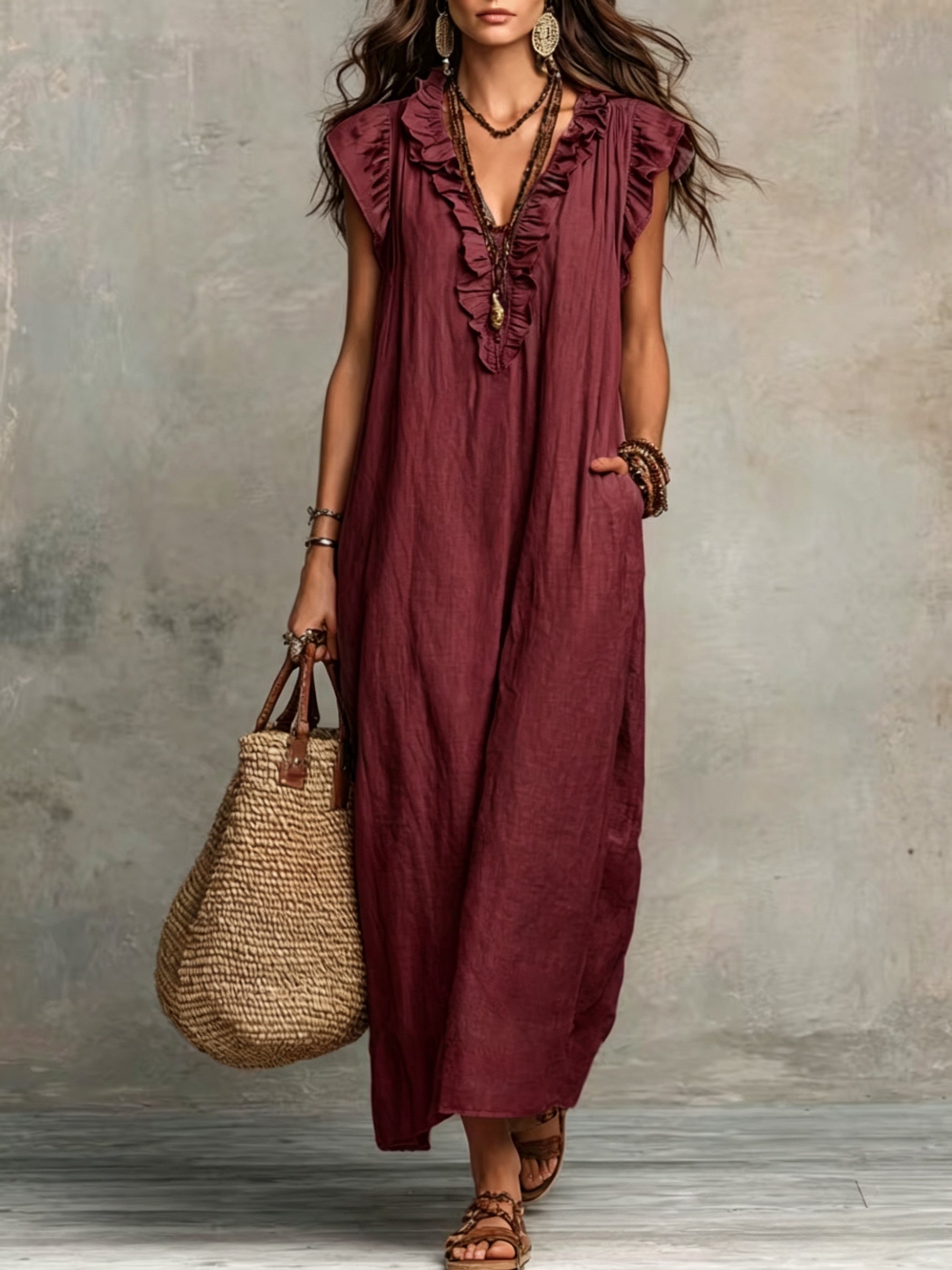 Jyra | Casual-elegante jurk voor dames – Lange, zwierige zomerjurk in boho-stijl met V-hals