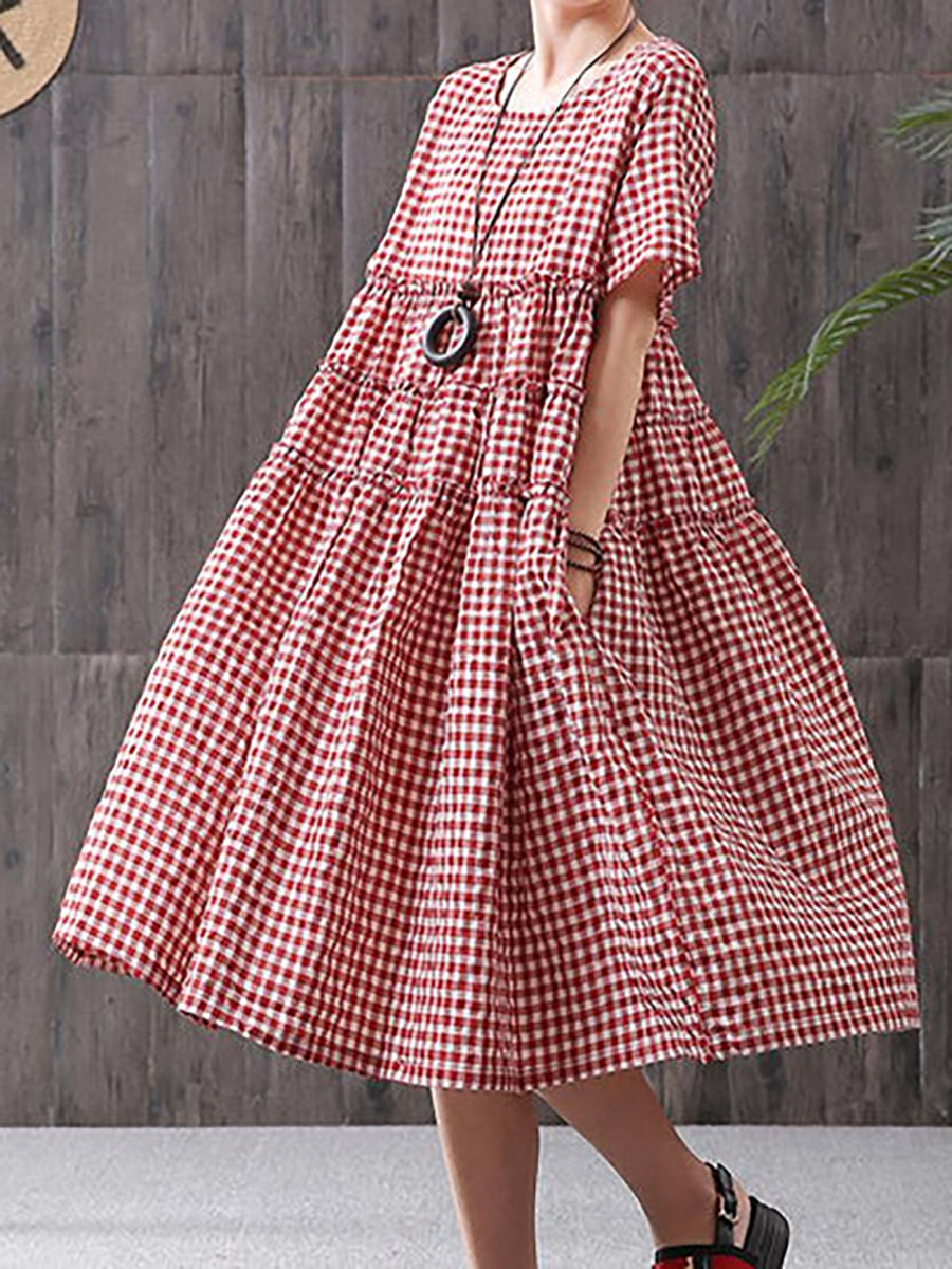 Mirielle | Dames Midi-jurk met korte mouwen en geruit patroon, casual losse zomerjurk