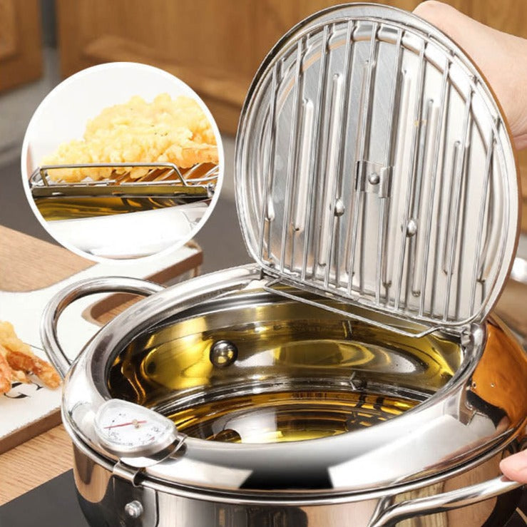 FryKitsu | Frituurpan met Thermometer - Roestvrijstalen Tempura Pan met Deksel, Olie Controle