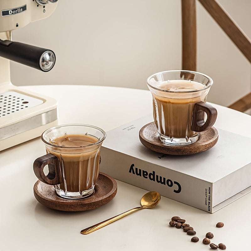 CafeLoom | Glazen koffiekopjesset met houten handvat en onderzetter – Hittebestendige espresso- en latte-kopjes