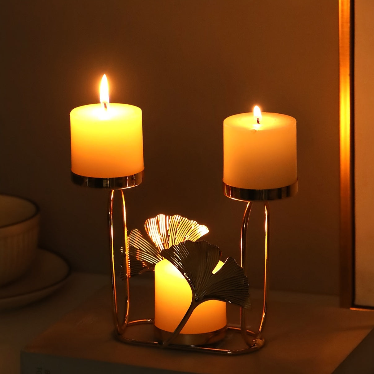 TrinityLeaf | Elegante 3-koppige Ginkgo Blad Kaarshouder - Metalen Tafel Decoratie