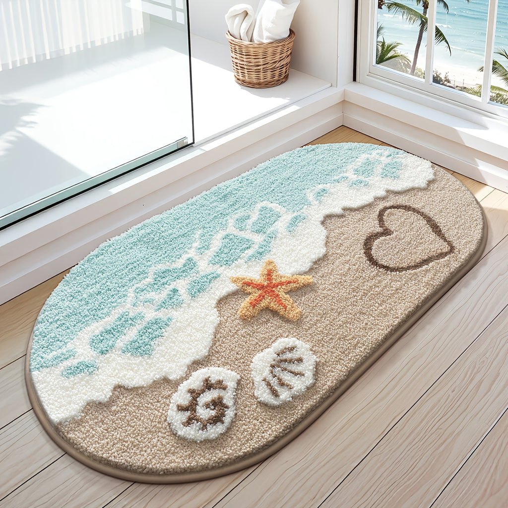 ShoreStep | Pluizige Ovale Badmat – Antislip en Waterabsorberend, Badkamermat met Strandschelpenpatroon