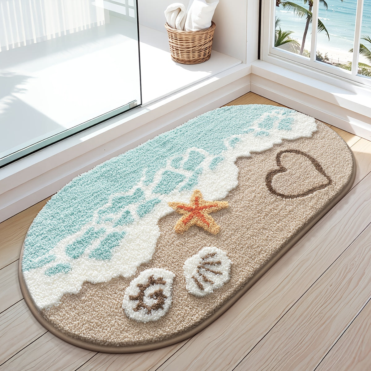 ShoreStep | Pluizige Ovale Badmat – Antislip en Waterabsorberend, Badkamermat met Strandschelpenpatroon