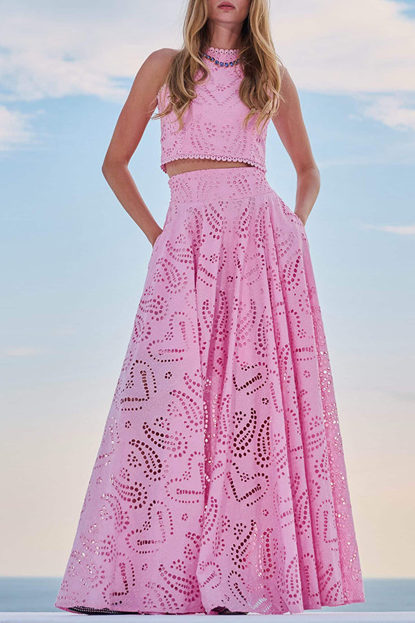 Savrina | Elegante Dames Set met Borduursels – Mouwloze Crop Top & Wijdvallende Broek