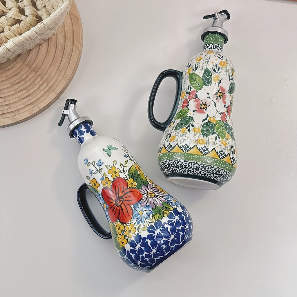 OlivaBloom | Handbeschilderde Olijfoliefles, Elegante Keuken Oliefles, Bloemmotief