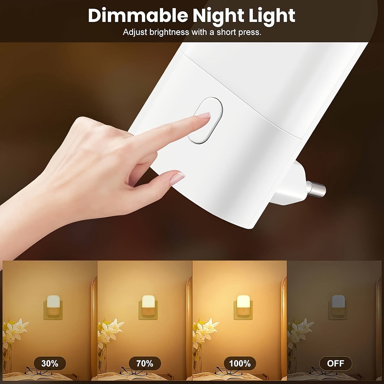 NightGlow | Plug-in LED nachtlampje, Mini warm wit licht met instelbare helderheid