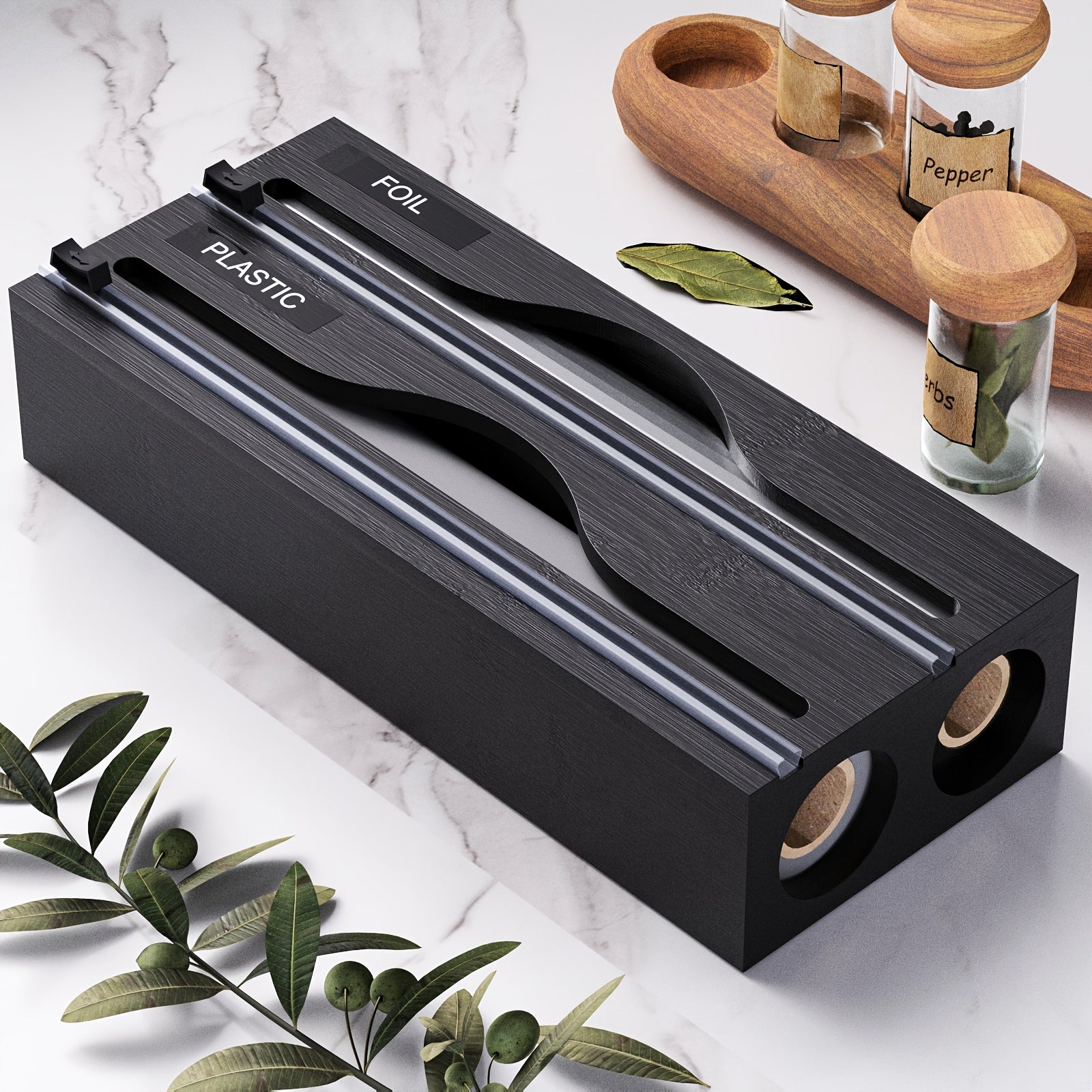 WrapMaster | 2-in-1 Houten Keukenwikkelautomaat met Snijder, Dubbele Gleuf Opbergorganisator voor Keukenlade & Aanrecht
