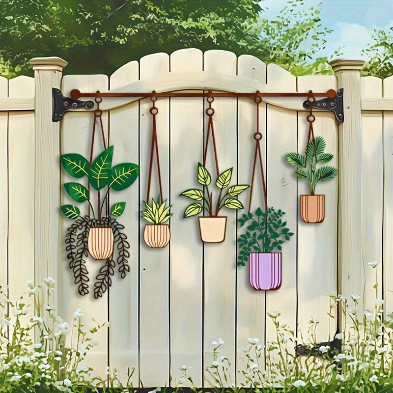 WallFlora | Grote Metalen Plantenwanddecoratie – Bruine Hangende Buizen met Groene & Paarse Potten