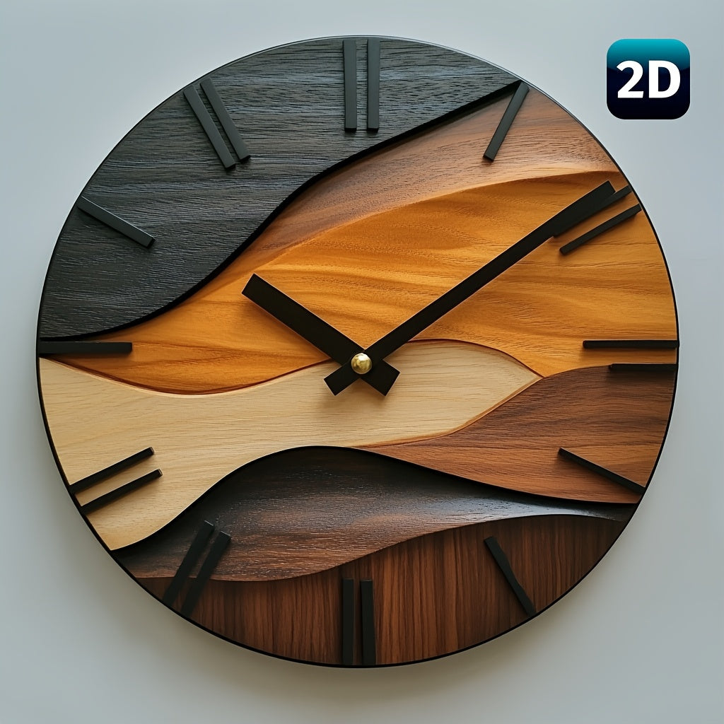 TimeRipple | 12″ Artistieke Ronde Glazen Wandklok - Scandinavisch Houtnerf-Gegolfd Ontwerp, 3 mm Gehard Glas Decor
