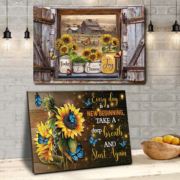 FlutterBloom | Vlinder- en Zonnebloemen Wandkunst Canvas Schilderij met Houten Lijst