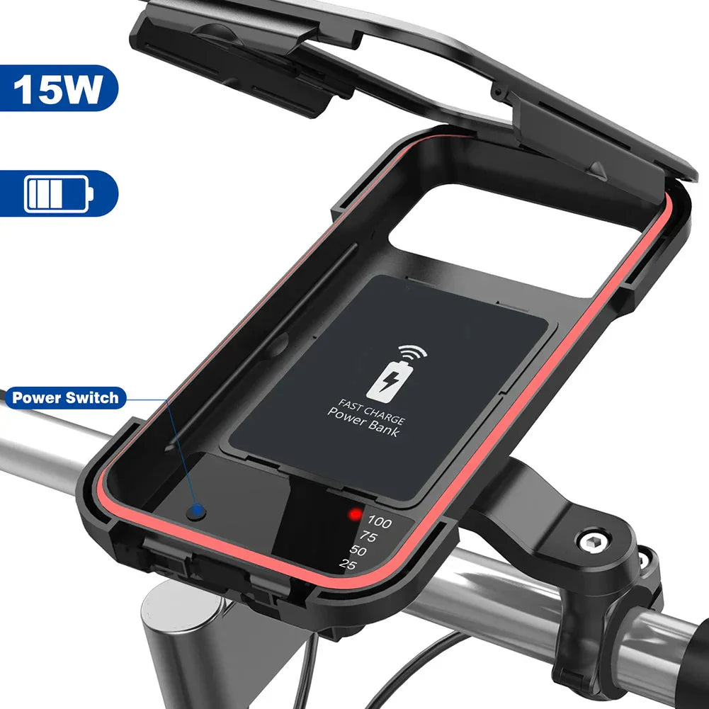 RideCharge | 15W waterdichte fiets-powerbankhouder voor stuur, snel opladen, schokbestendig en compatibel