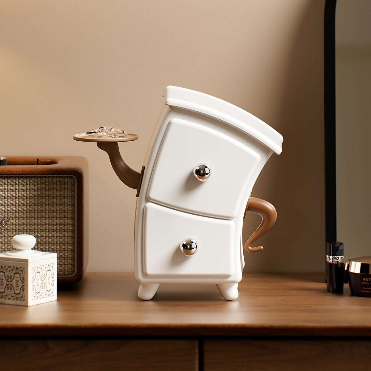 LidHaven | Witte en bruine opbergdoos met scharnierend deksel en ronde deur – Bureau-organizer