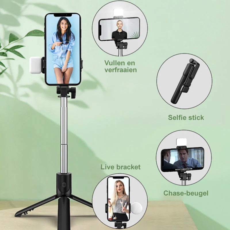 FlickStick | 6-in-1 Selfie Stick met Statief & Licht - Bluetooth Afstandsbediening, Opvouwbaar, Uitschuifbaar
