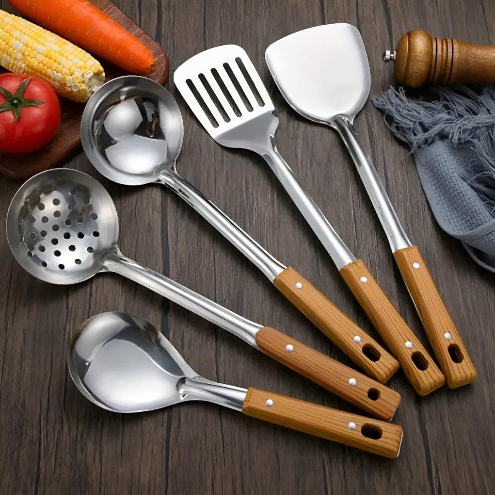 ForgeWare | Premium Roestvrijstalen Keukenhulpen Set - 5-delig Kookgereedschap met Houten Handvat