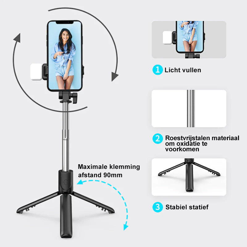 FlickStick | 6-in-1 Selfie Stick met Statief & Licht - Bluetooth Afstandsbediening, Opvouwbaar, Uitschuifbaar