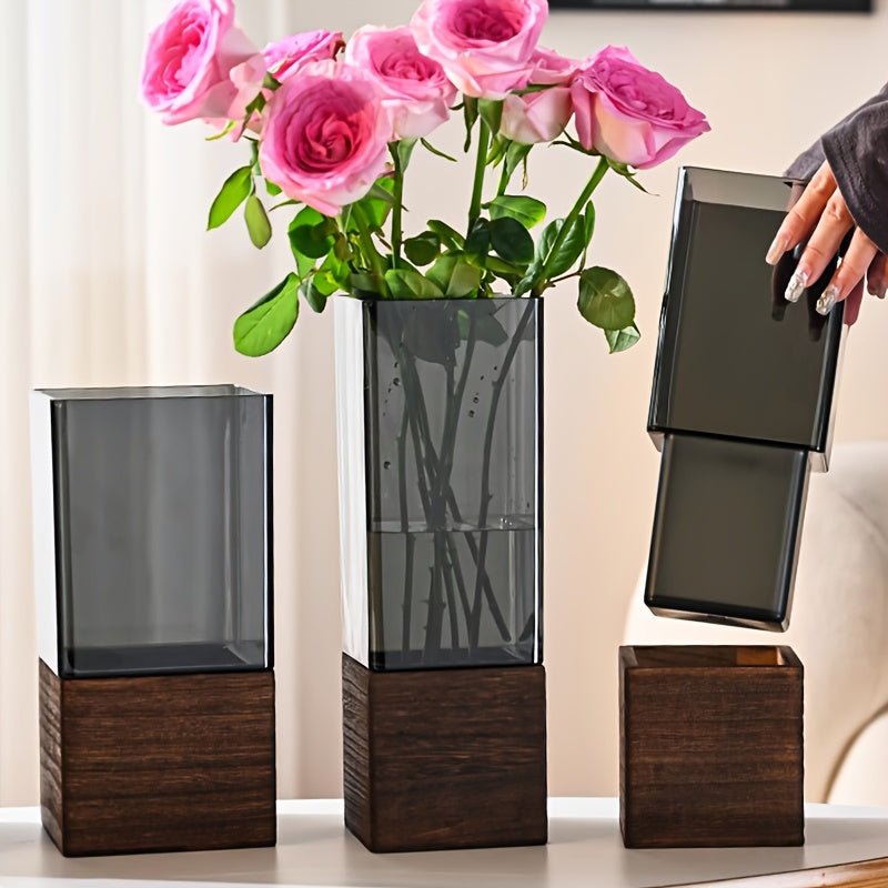 ElementVase | Moderne Acryl Decoratieve Vaas met Houten Voet - Rustiek Elegante Woondecoratie