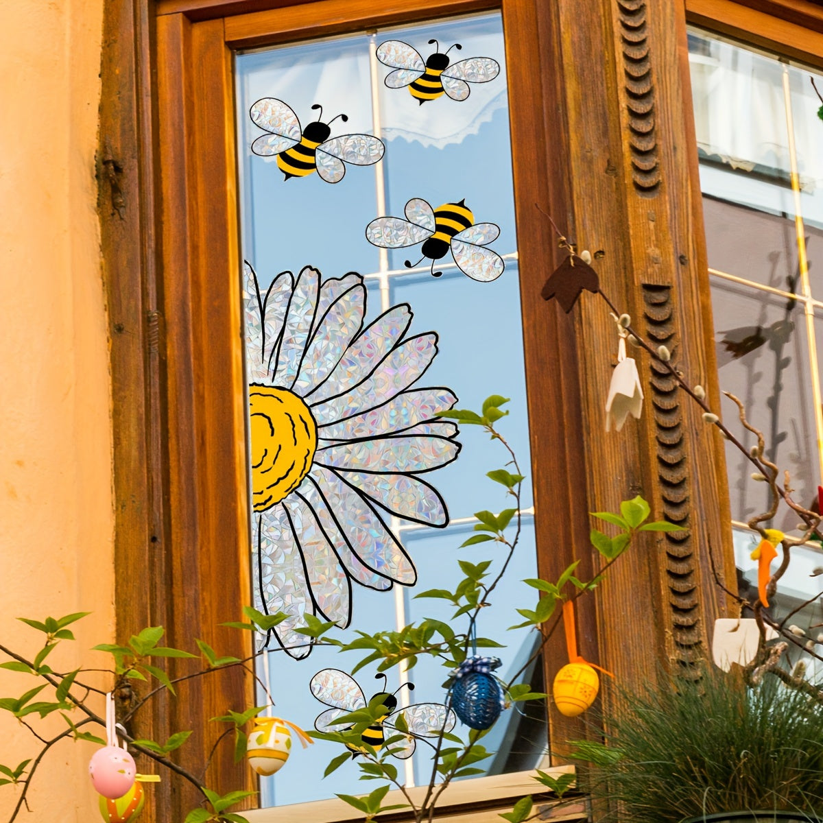 FloraBee | Bijen Bloemen Raamsticker – Statische Glasfolie, Herbruikbaar