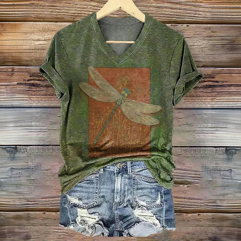 Fenia | Casual T-shirt voor dames – Zomertop van katoen met libelleprint