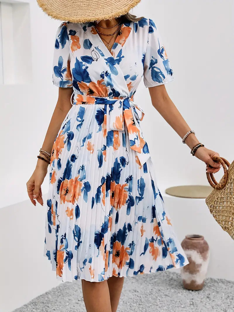 Qirah | Elegante midi-jurk met bloemenprint en ceintuur voor dames – luchtige zomerjurk met plooien