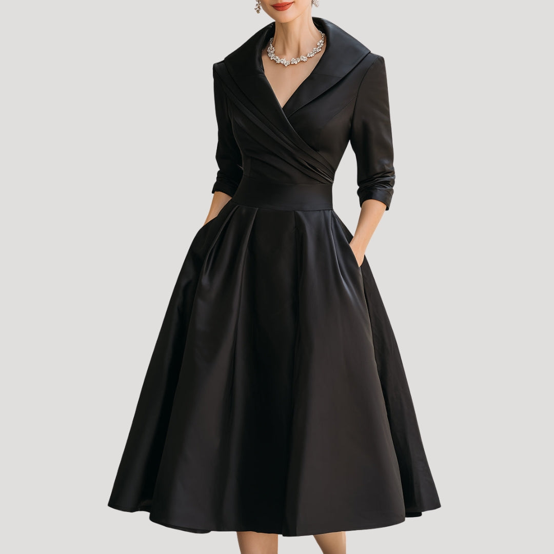 Aria | Klassieke midi-wikkeljurk voor dames – Elegant model met V-hals en lange mouwen