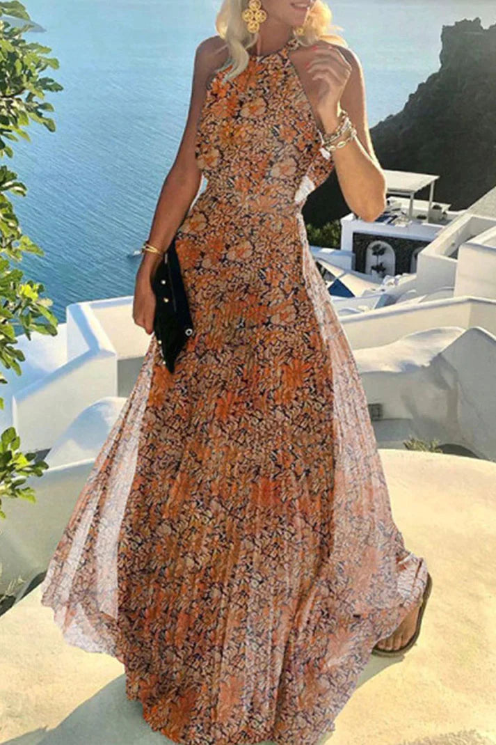 Fioralyn | Dames Boho Halter Maxi Jurk – Patchwork Geplooide Lange Jurk