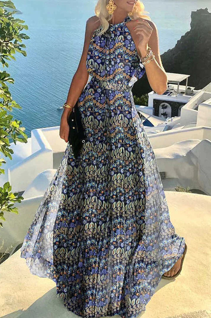 Fioralyn | Dames Boho Halter Maxi Jurk – Patchwork Geplooide Lange Jurk